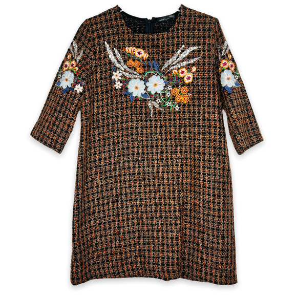 Zara Tweed Floral Embroidered Shift Dress - Picture 3 of 10